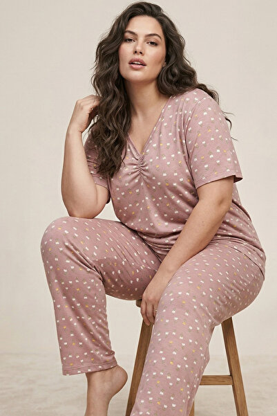 Siyah İnci Powder Patterned Large Size Oversized Viscose Knitted Pajama Set
