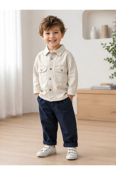Motebarn Wear Boy's Cotton Woven Jacket Shirt Beige