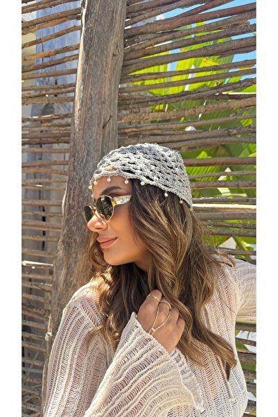ATELİER TUĞBA Kep002 Hand Knitted Pearl-Detail Fishnet Cap Hat