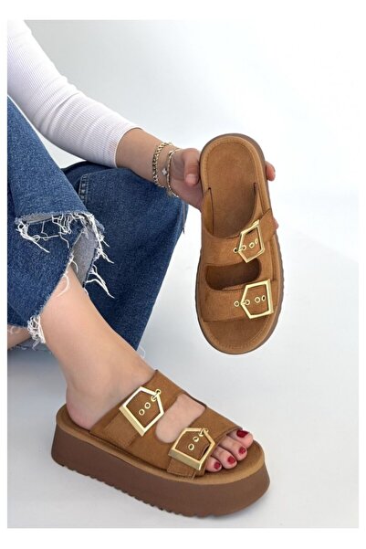 BellAyakkabı Bellamor Women's Double Buckle Suede Thick Sole Daily Sandals Sl...