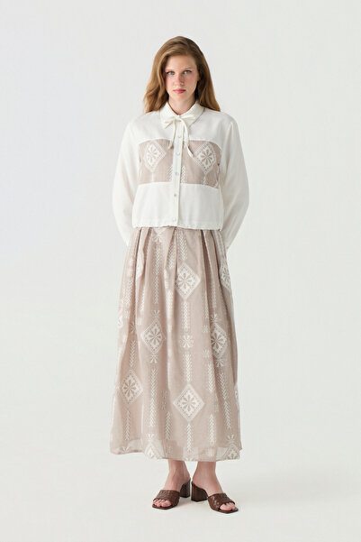 Zühre Lace Detailed Patterned Skirt Suit Mocha Suit 1755