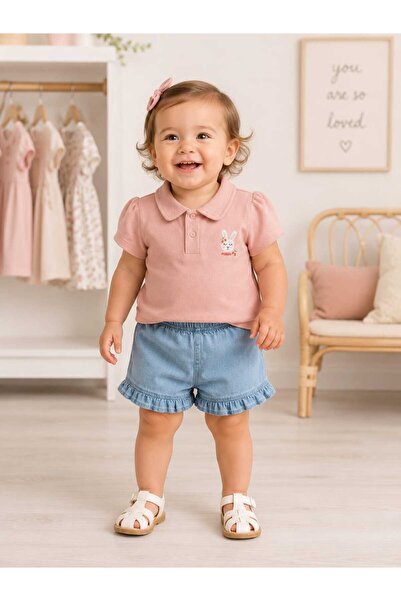 kidsense طقم تي شيرت بياقة بولو مطرزة على شكل أرنب للفتيات الصغيرات مع شورت ج...