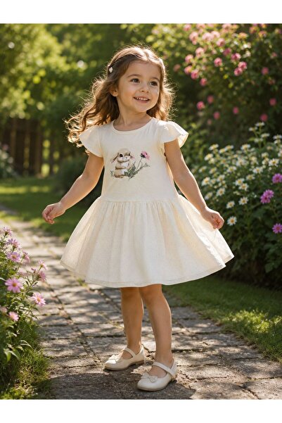 Accessories Hei Cream Color Rabbit Detailed Tutu Dress for Girls 6-8 Years Old