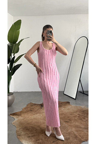 asfamoda Women's Pink Corded Textured Jacquard Lined Maxi Dress Sleeveless Bo...