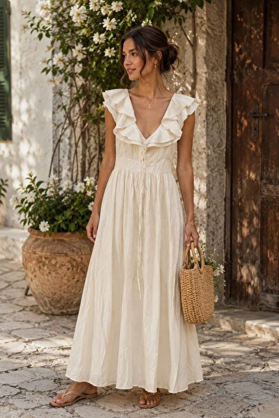 yb yağmur butik Ruffled Collar Dress with Tie Detail on the Back