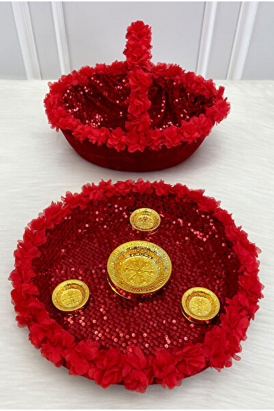 ZEYMERADE Red Bridal Velvet Henna Night Tray and Basket, with Sparkling Sequi...