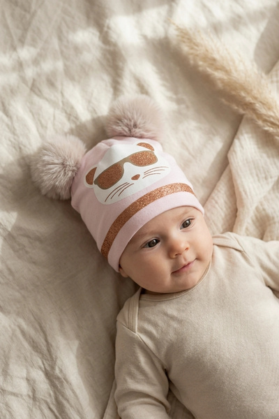 Babydonat قبعة ميا كول كات الوردية اللامعة ذات التفاصيل المزدوجة المصنوعة من ...