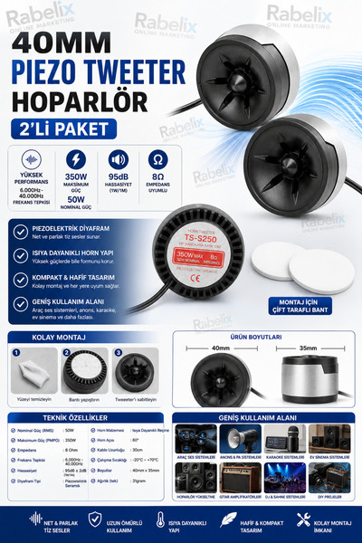 Rabelix Online Marketing 40mm Piezo Tweeter Hoparlör 2'li Paket 350W 8 Ohm Yü...