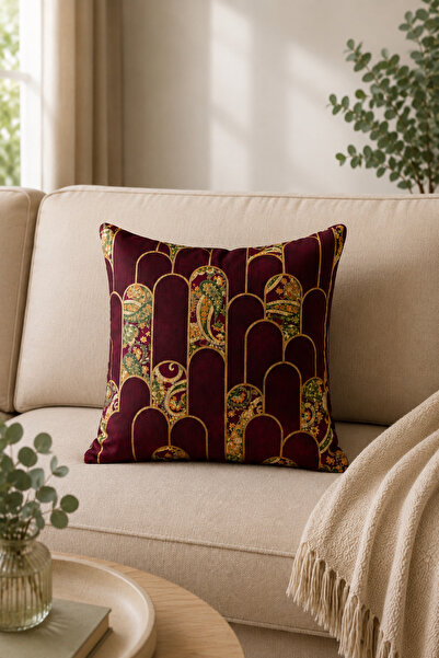 Elay Tekstil Bordo Gold Art Deco Desenli Dijital Baskılı Kırlent Kılıfı