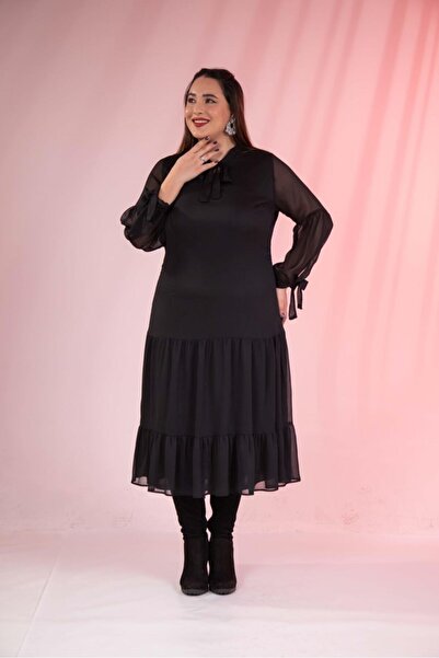 Roxxlen Plus Size Collared Tie Dress Black