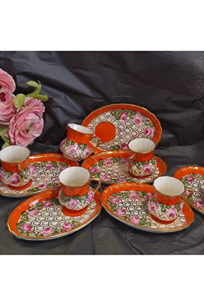 BY.RAYKA PORSELEN El Dekor Nermin Orange Porcelain Hand-Painted 6-Piece Cup Set