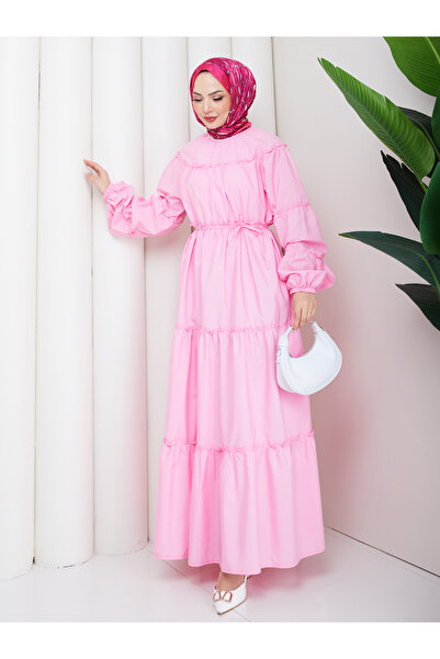 EFSUN MODA İPLİ SALAŞ KAT KAT FIRFIR TESETTÜR ELBİSE POPLİN KUMAŞI