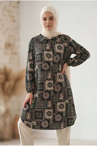 tuvadi Women's Green Ethnic Patterned Viscose Tunic Shirt - Hijab Shirt, Butt...