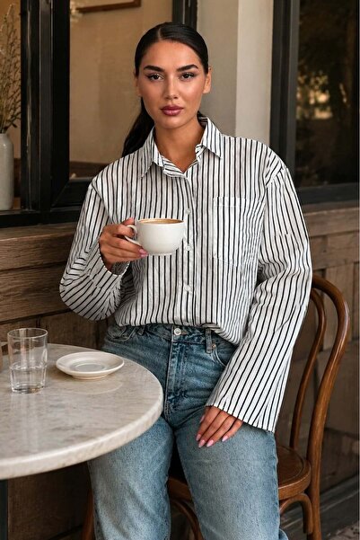 Madmext White Striped Sendy Fabric Women's Shirt Mg2834