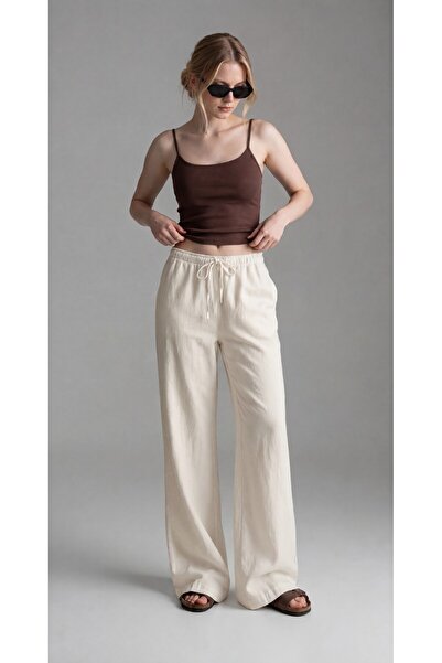 aziso Women's Ecru Loose Cut Wide Leg Elastic Waist Linen Trousers