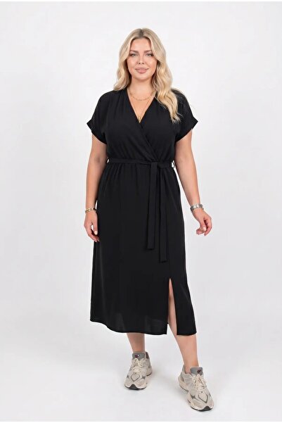 hazelin Women's Black V-Neck Belted Ayrobin Fabric Plus Size Dress Hzl26S-Zss...