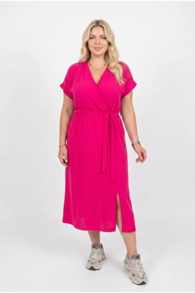 hazelin Women's Fuchsia V-Neck Belted Ayrobin Fabric Plus Size Dress Hzl26S-Z...
