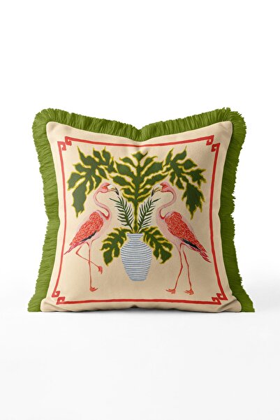 IdeCraft Flamingo and Vase Leaf Pattern Fringed Throw Pillow Cover - Cream Fl...