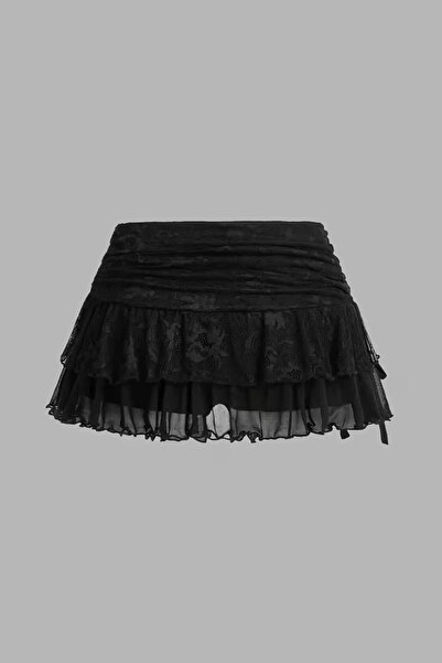 ARS Butik Black Gathered Lace Tulle Detailed Y2K Skirt with Bow Shorts