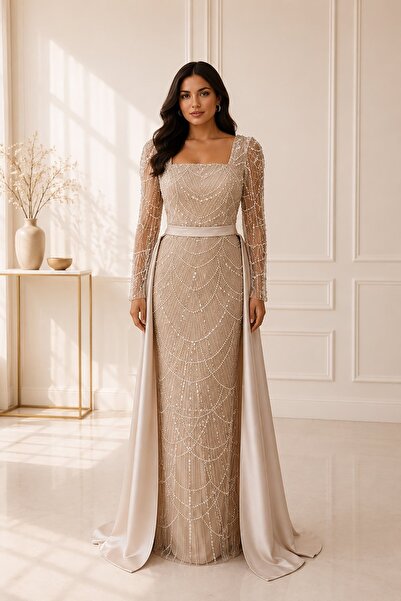 Rain and River Cape Detailed Embroidered Plus Size Evening Dress