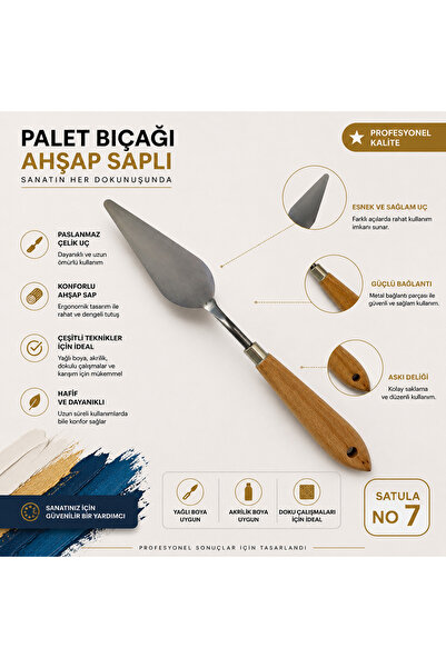 TOMBİ-X Ahşap Saplı Metal Spatula Yağlı Boya ve Akrilik Boya İçin NO:7