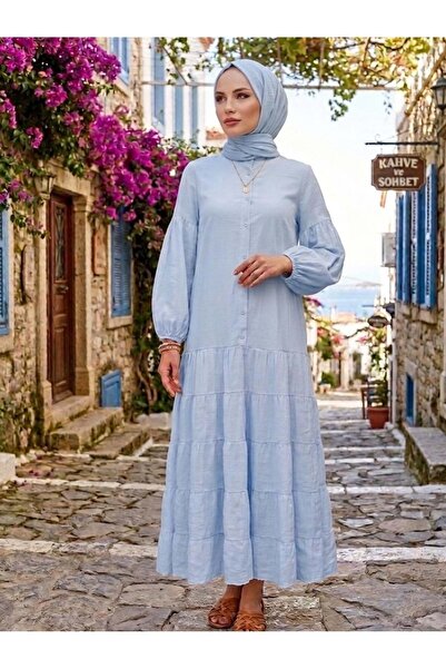 Puane 26Y32494 ELBİSE PAMUK KETEN VUAL ÖNÜ YARIM DÜĞMELİ ASTARLI MAVİ