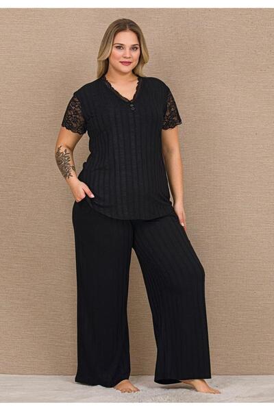 by İGP Black Plus Size Lace Short Sleeve Cotton Viscose Pajamas Set