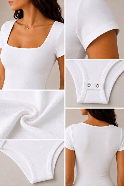 THB.Edition Kadın Kare Yaka Kısa Kollu Çıtlıtlı Body