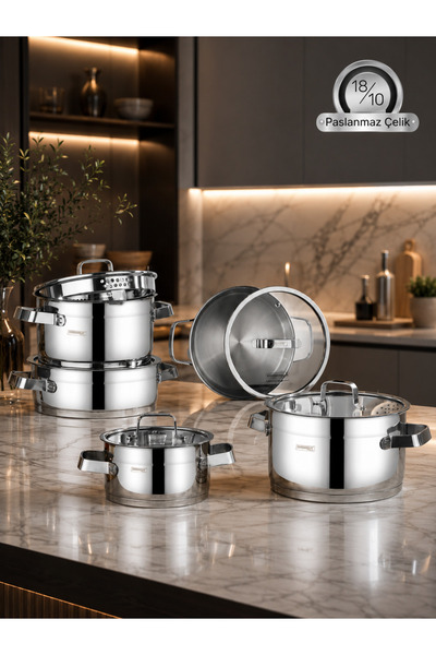 Gülümseten Avm 18/10 Stainless Steel 10-Piece Cookware Set with Induction Bas...