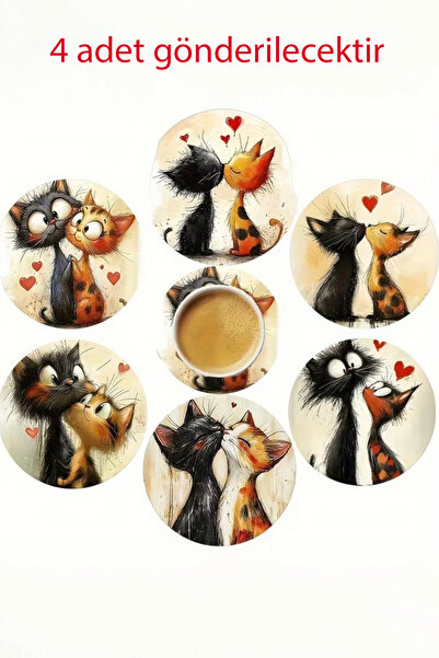 Cats & Meow Romantik Kedi Desenli Ahşap Bardak Altlığı 10 cm Dekoratif Coaste...