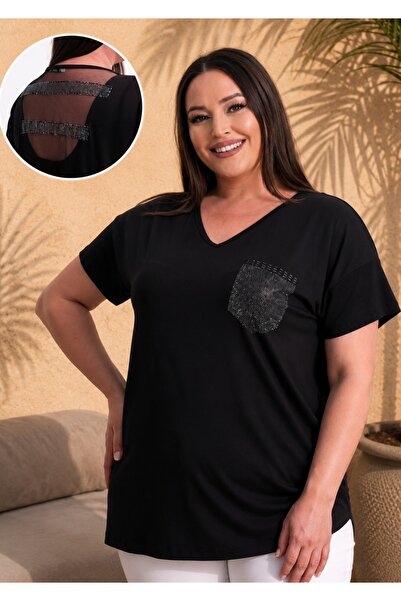 FOR ESRA BIG TREND Women's Black Plus Size V-Neck Pocket Stone Print Back Tul...