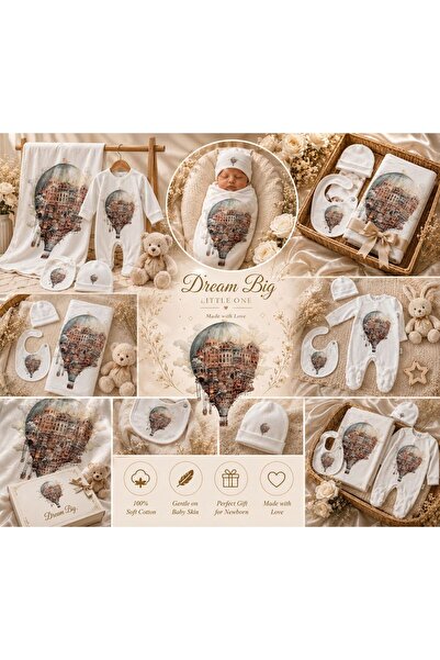 Baby day طقم مواليد 4 قطع حصري من برسمة منطاد خيالي فني