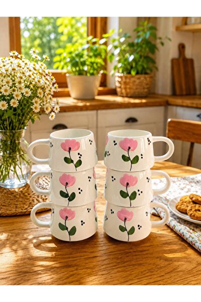 CEYU SERAMİK Set of 6 Pink Poppy Patterned Ceramic Coffee Mugs