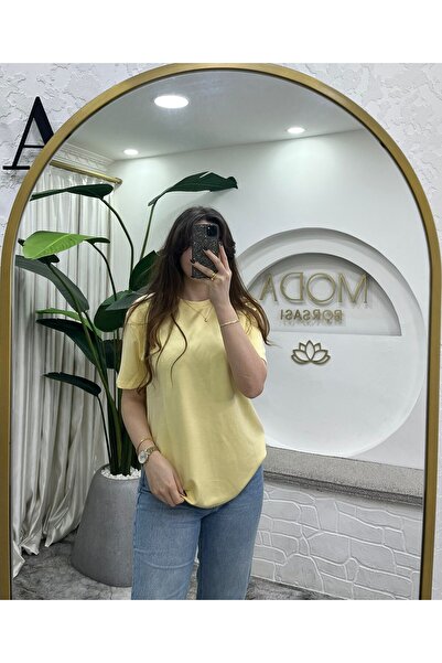 MODA BORSASI %100 Organik Pamuk Kadın Oversize Baskısız Yuvarlak Yaka Sarı T-...