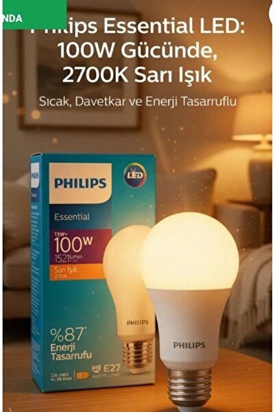 Philips Essential 13W -100W 1521 Lumen 2700K Sarıışık %87 Enerjı Tasarufu