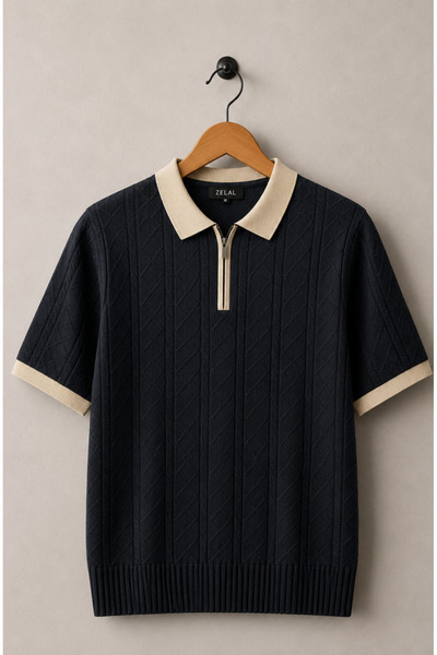 Vance Polo Collar Zipper Patterned Old Money Knitted First Quality Soft Short...