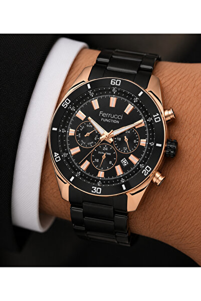 Ferrucci Men's Wristwatch Steel Band Black Color Functional Calendar Daily an...