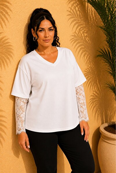 FOR ESRA BIG TREND Women's Plus Size V-Neck Sleeve Lace Piece Long Sleeve Sid...