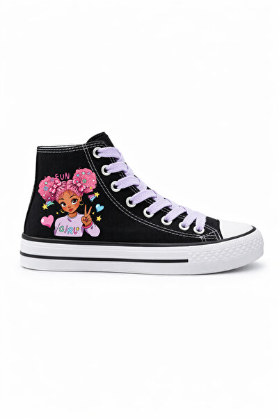 LEVENT ÖZCAN Fun Girl Baskılı Lila Bağcıklı Bilekli Siyah Çocuk Sneaker
