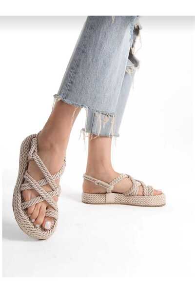 BARAK SHOES Kadın Bej Halat İp Sandalet Hasır Örme Tabanlı Yazlık Sandalet