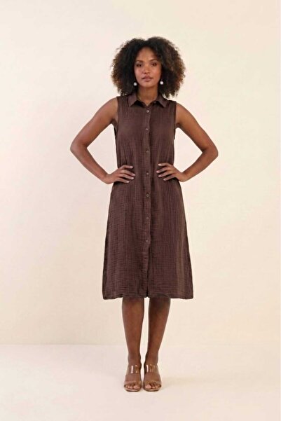 PORİENTO Dark Brown Women's 100% Cotton Muslin Fabric Pocketed Buttoned Sleev...