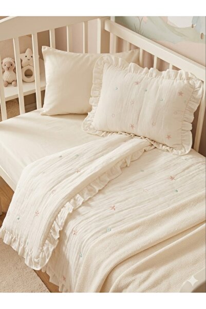 Manora 100% Organic Muslin Elegant Embroidered Ecru Baby Duvet Cover Set
