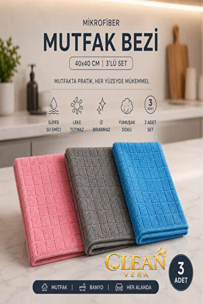 cleanvera ( 3 Adet ) Mikrofiber Renkli Mutfak ve Banyo Temizlik Bezi 40x40 Cm...