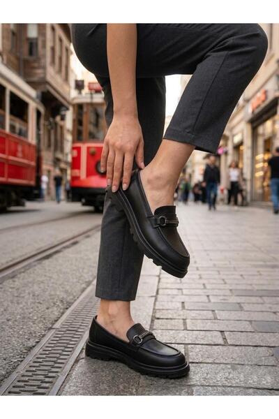 fort Ventes 35838 Black Leather Buckle Detailed Comfortable Loafer Women's Shoes