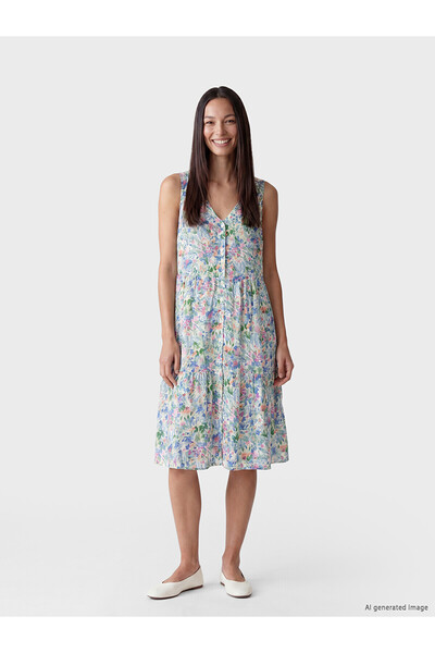 LC Waikiki Nevavm V-Neck Floral Layered Midi Dress with a Difference