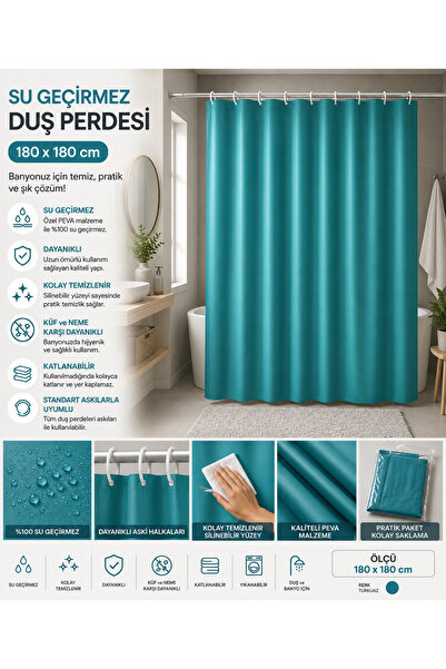 Generic 180x180 cm Su Geçirmez PEVA Duş Perdesi – Turkuaz