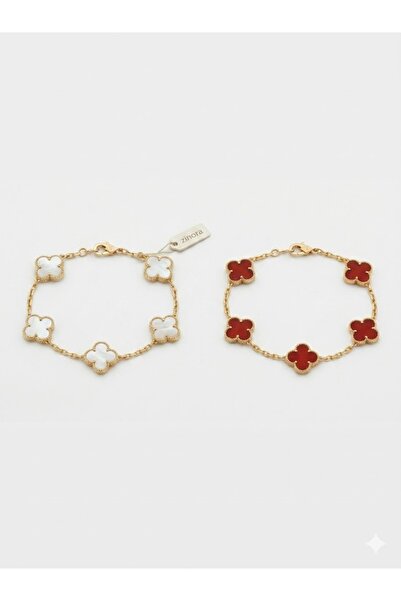 Zinora 2 piece elegant 4-leaf clover Bracelets - White and Red color with gol...