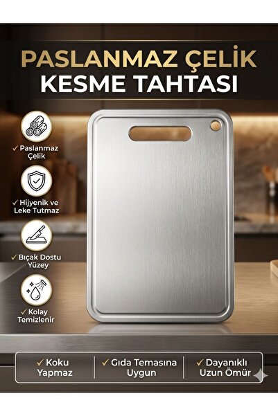 Leila Home Çift Taraflı Paslanmaz Çelik & PP Kesme Tahtası 34x24 cm (Bakteri ...