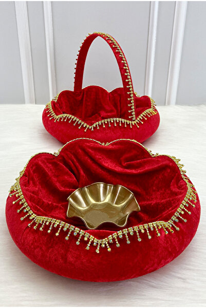 ZEYMERADE Red Bridal Henna Night Tray Basket Set with Velvet Shiny Stone Deco...