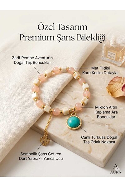 ZZ 4001 Kadın Özel Tasarım Pembe Aventurin Ve Turkuaz Doğal Taş Şans Bilekliğ...